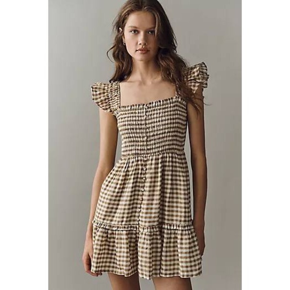 Anthropologie Brown Gingham Smocked Mini Dress Ruffle Button Front Cottagecore M